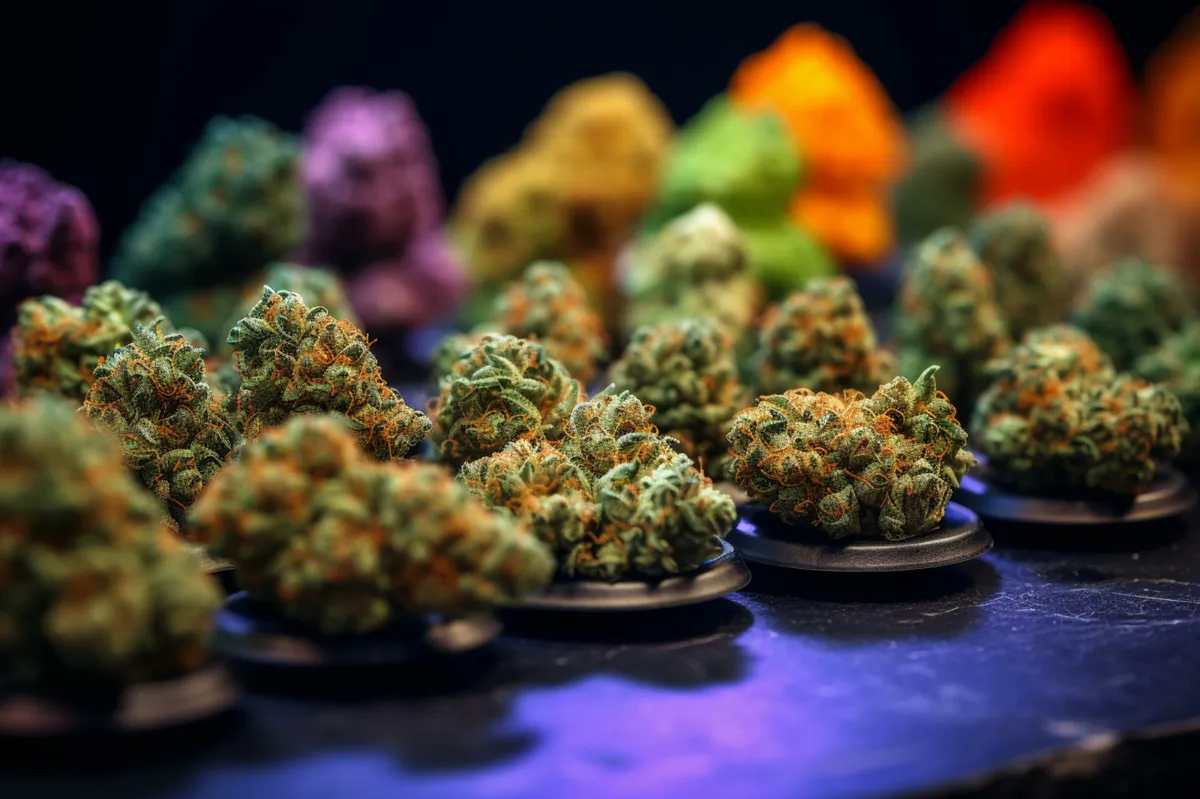 Selezione di varietà di cannabis light esposte su vassoi